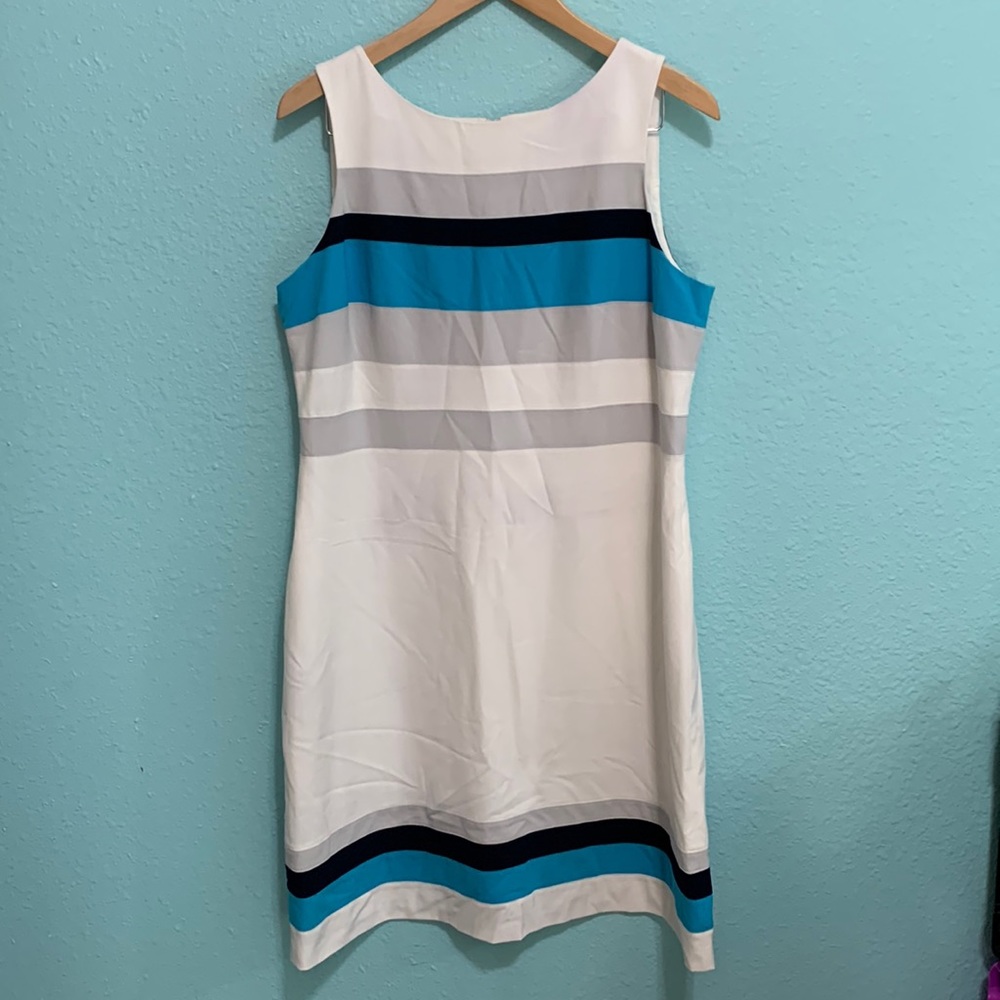White House Black Market White Dress with Blue and Gray Stripes